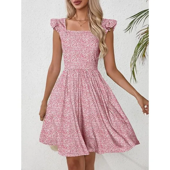 Women's Summer Dresses Casual Square Neck-Pink Floral