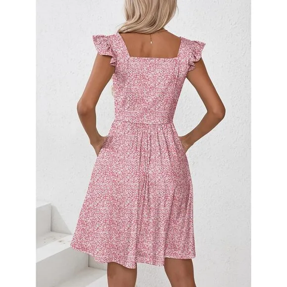 Women's Summer Dresses Casual Square Neck-Pink Floral