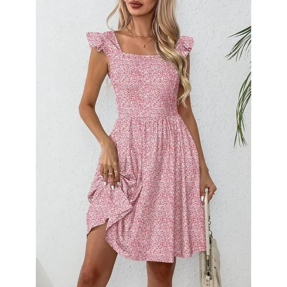 Women's Summer Dresses Casual Square Neck-Pink Floral