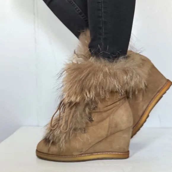 Women's Tan Wedge Boots with Fur Trim