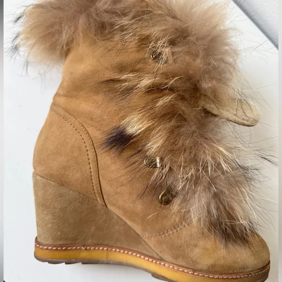 Women's Tan Wedge Boots with Fur Trim