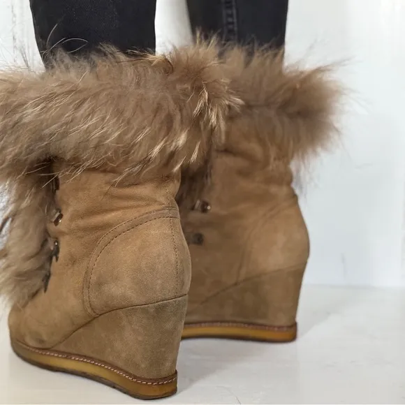 Women's Tan Wedge Boots with Fur Trim
