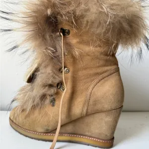 Women's Tan Wedge Boots with Fur Trim