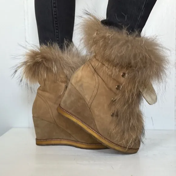 Women's Tan Wedge Boots with Fur Trim