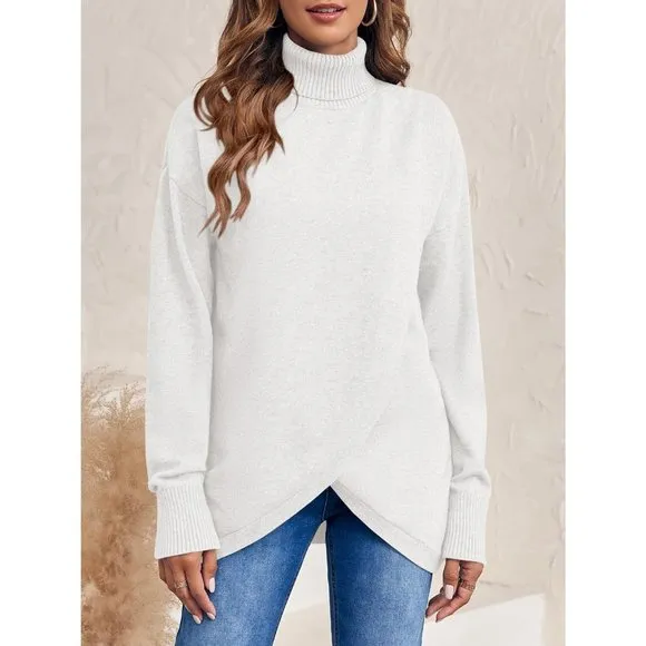 Womens Turtleneck Trendy Cross Ribbed Knit Casual Long Sleeve Pullover Tops