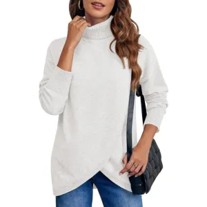 Womens Turtleneck Trendy Cross Ribbed Knit Casual Long Sleeve Pullover Tops