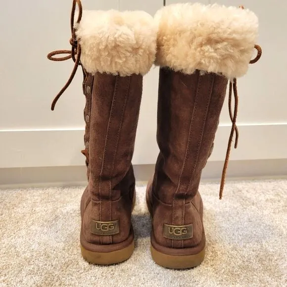 Women's Ugg Suede  Sheepskin Lace Up Calf Boots  Australia Upside Size 6
