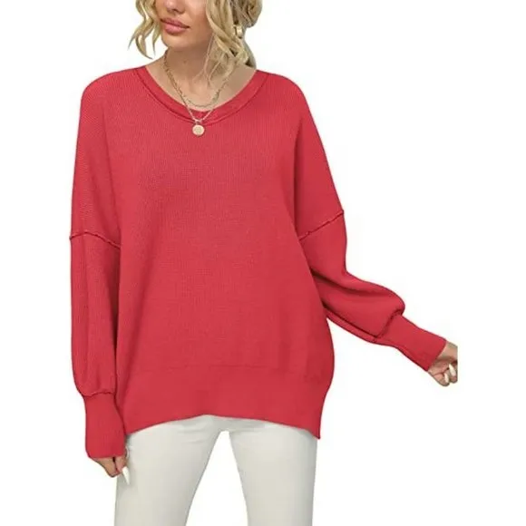 Women's V Neck Long Sleeve Pullover Sweater Top, Red
