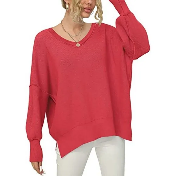 Women's V Neck Long Sleeve Pullover Sweater Top, Red