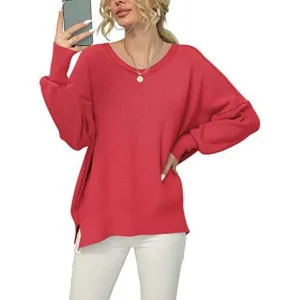 Women's V Neck Long Sleeve Pullover Sweater Top, Red