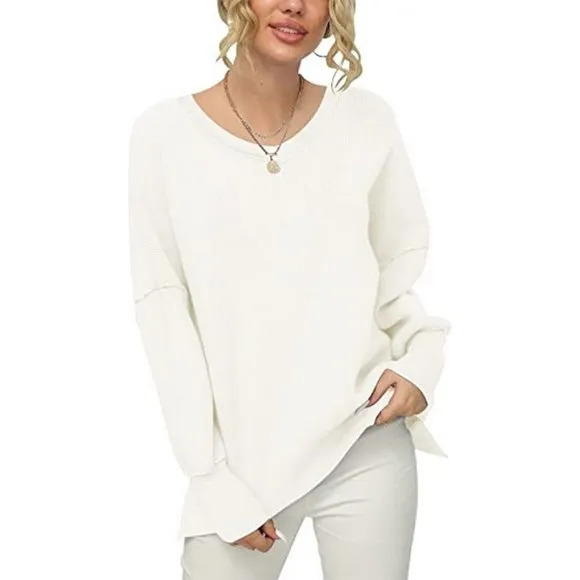 Women's V Neck Long Sleeve Pullover Sweater Top, White
