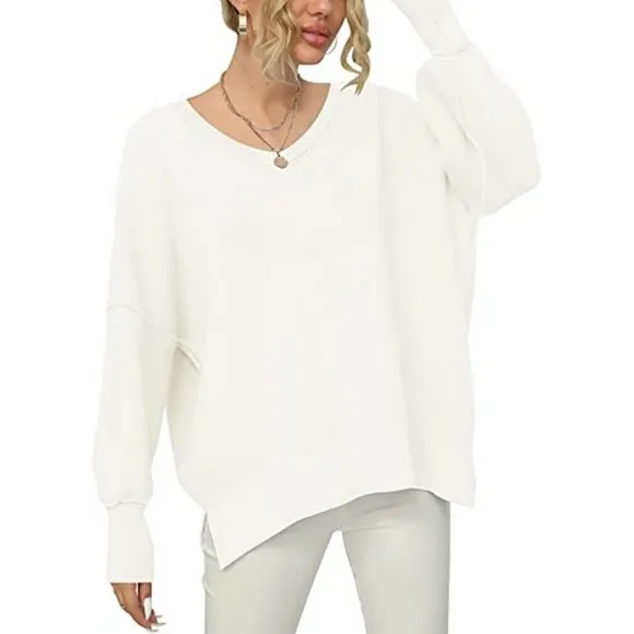 Women's V Neck Long Sleeve Pullover Sweater Top, White