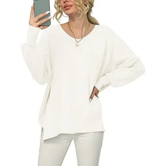 Women's V Neck Long Sleeve Pullover Sweater Top, White