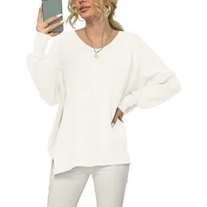 Women's V Neck Long Sleeve Pullover Sweater Top, White