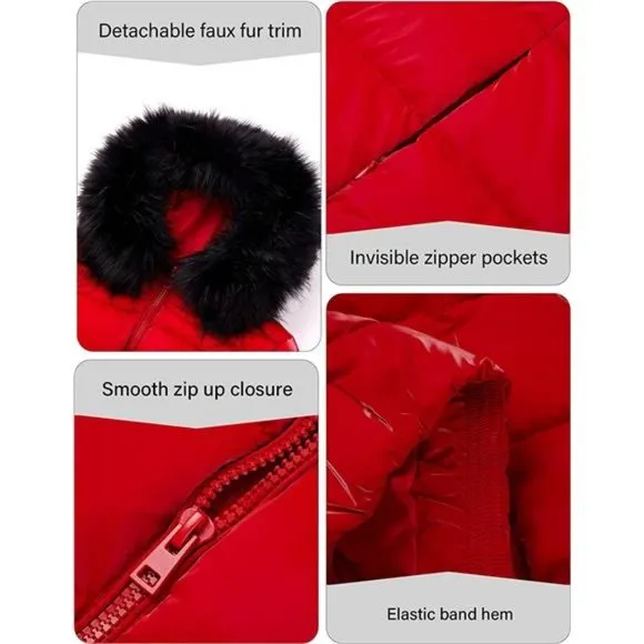 Women's Warm Quilted Bubble Padded Hood Coat with Faux Fur Collar,  Red