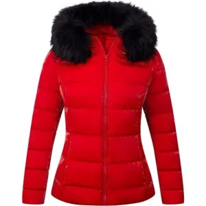 Women's Warm Quilted Bubble Padded Hood Coat with Faux Fur Collar,  Red