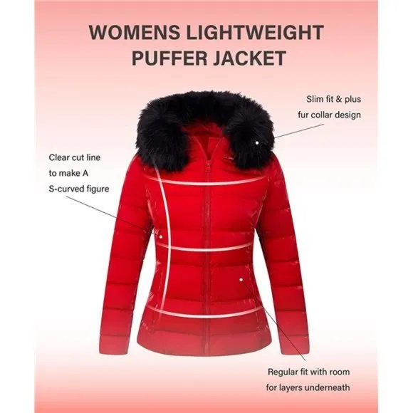 Women's Warm Quilted Bubble Padded Hood Coat with Faux Fur Collar,  Red