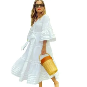 Women's White 3/4 Flare Sleeve Midi Monochrome Beach White Summer Beach Dress