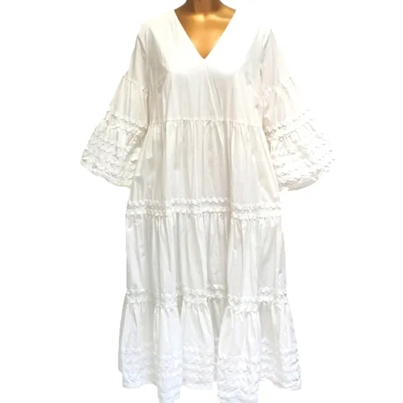 Women's White 3/4 Flare Sleeve Midi Monochrome Beach White Summer Beach Dress