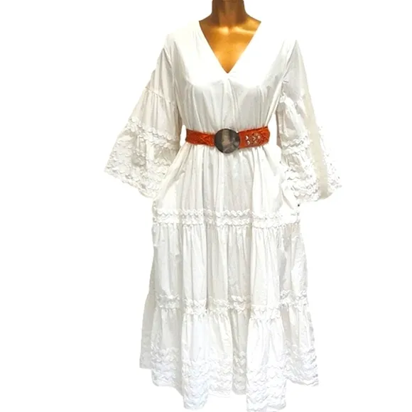 Women's White 3/4 Flare Sleeve Midi Monochrome Beach White Summer Beach Dress