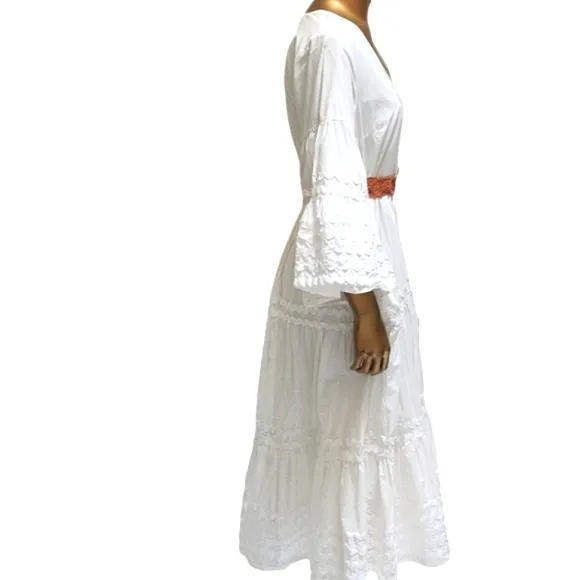 Women's White 3/4 Flare Sleeve Midi Monochrome Beach White Summer Beach Dress