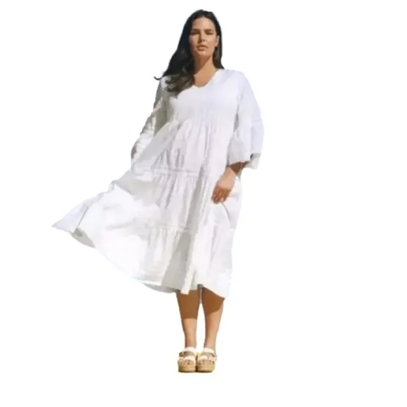 Women's White 3/4 Flare Sleeve Midi Monochrome Beach White Summer Beach Dress