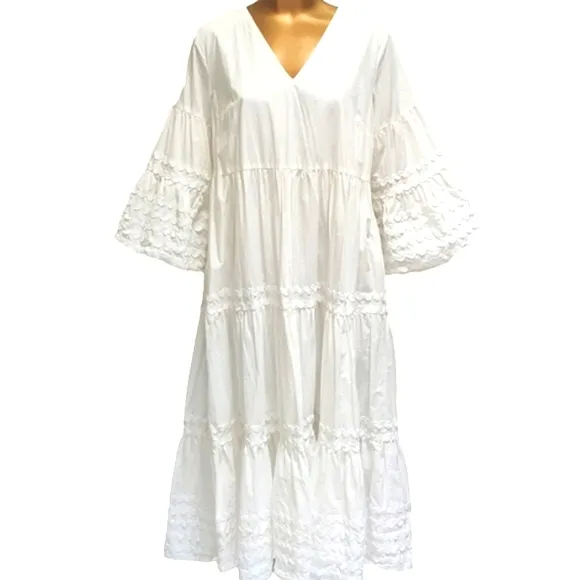 Women's White 3/4 Flare Sleeve Midi Monochrome Beach White Summer Beach Dress