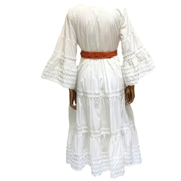 Women's White 3/4 Flare Sleeve Midi Monochrome Beach White Summer Beach Dress