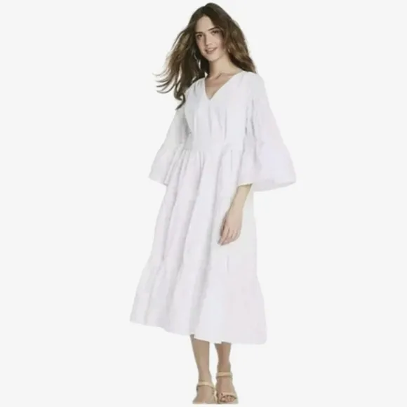 Women's White 3/4 Flare Sleeve Midi Monochrome Beach White Summer Beach Dress