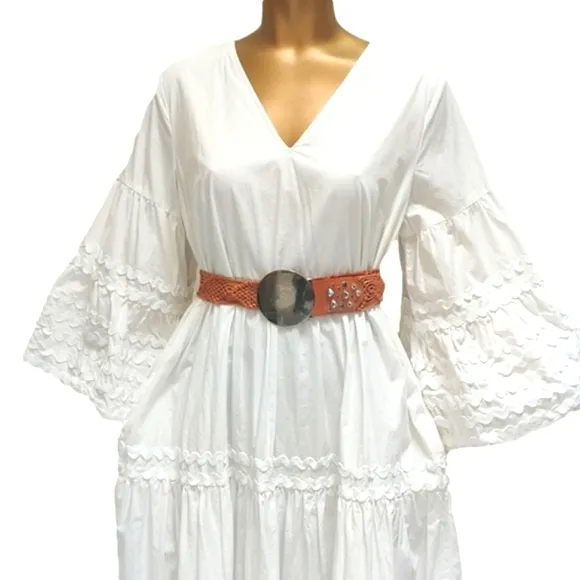 Women's White 3/4 Flare Sleeve Midi Monochrome Beach White Summer Beach Dress