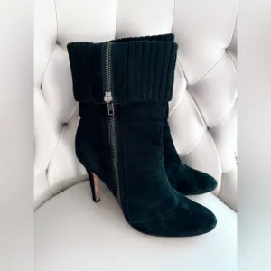 Y2K Boutique 9 Black Suede High Heel Ankle Boots with Ribbed Knit Cuff Rare