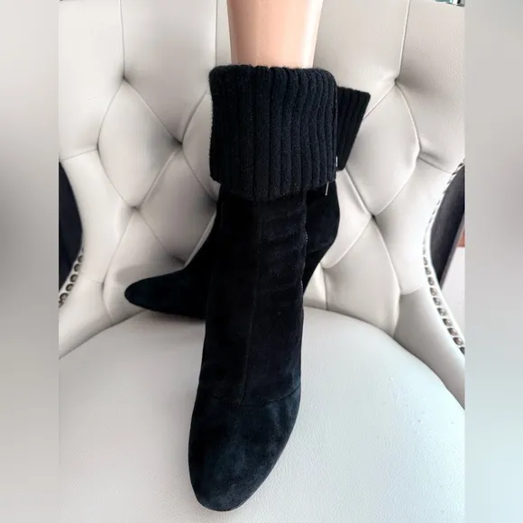 Y2K Boutique 9 Black Suede High Heel Ankle Boots with Ribbed Knit Cuff Rare