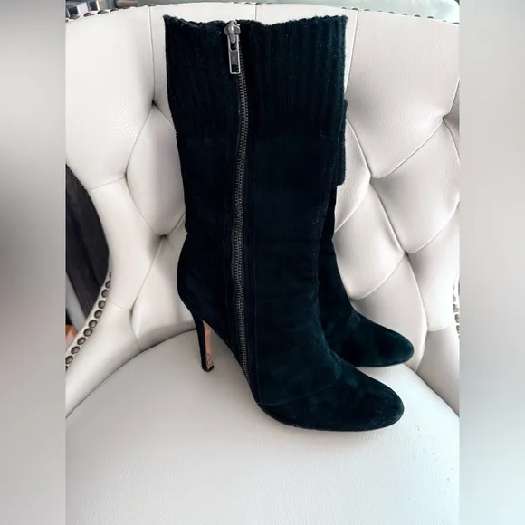 Y2K Boutique 9 Black Suede High Heel Ankle Boots with Ribbed Knit Cuff Rare