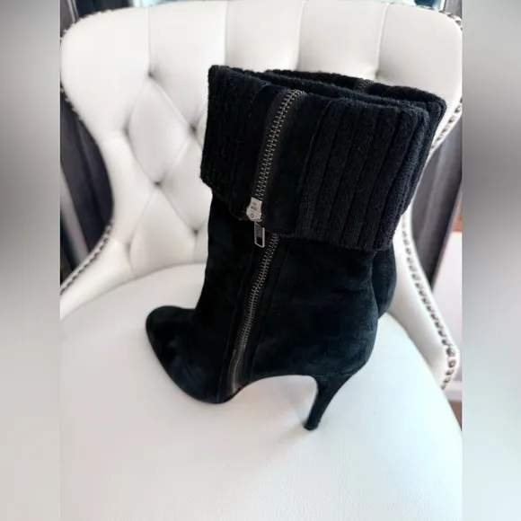 Y2K Boutique 9 Black Suede High Heel Ankle Boots with Ribbed Knit Cuff Rare