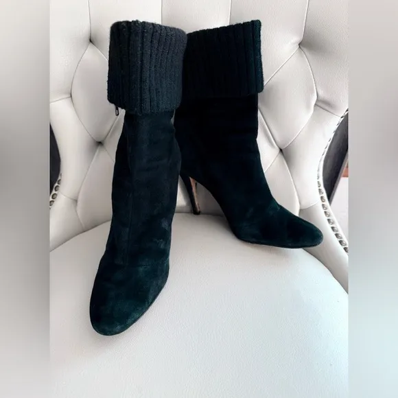 Y2K Boutique 9 Black Suede High Heel Ankle Boots with Ribbed Knit Cuff Rare