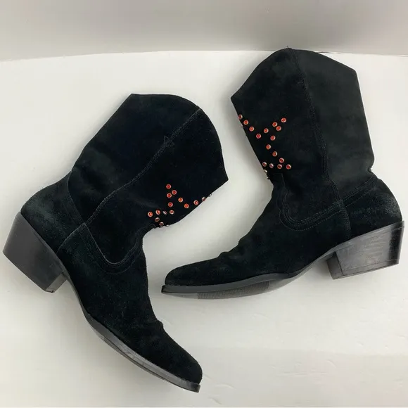 Yellow Box size 7.5 Women’s Black Suede Red Rhinestone Star Western Boots