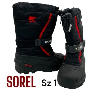 Youth Sorel Flurry Snow Winter Boot Sz US  1 EUR 32 BLACK RED $70 MSRP
