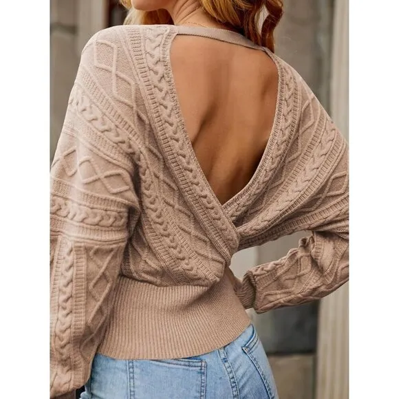 ZAFUL Women's V Neck Cable Knit Sweater khaki Long Sleeve Ribbed Crop Top