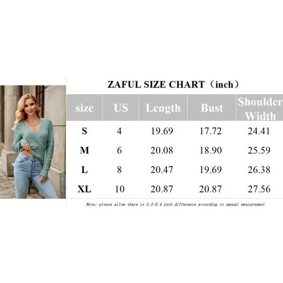 ZAFUL Women's V Neck Cable Knit Sweater khaki Long Sleeve Ribbed Crop Top
