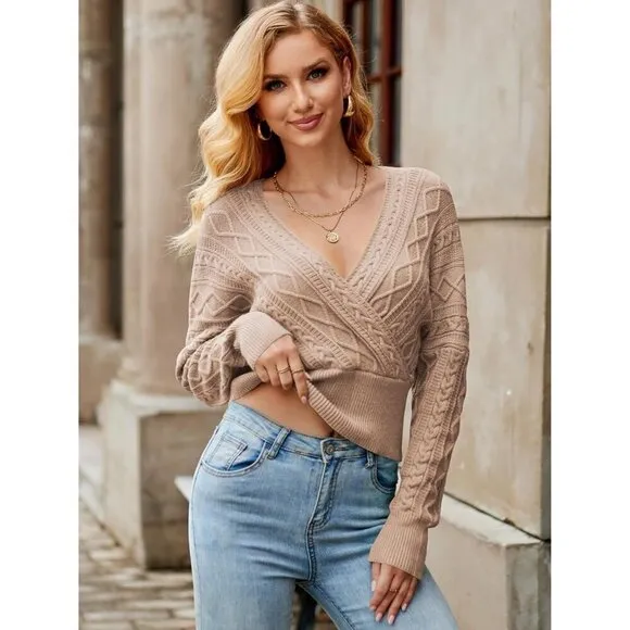 ZAFUL Women's V Neck Cable Knit Sweater khaki Long Sleeve Ribbed Crop Top
