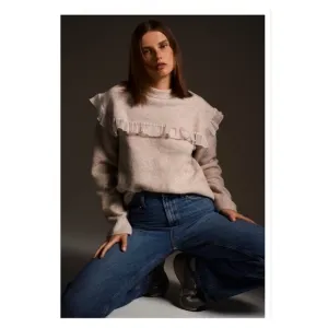 ZARA Beige Ruffle Detail Crewneck Super Soft Pullover Sweater Medium