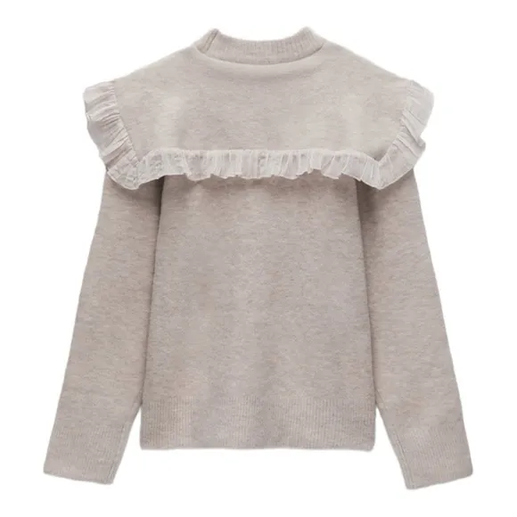 ZARA Beige Ruffle Detail Crewneck Super Soft Pullover Sweater Medium