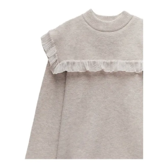 ZARA Beige Ruffle Detail Crewneck Super Soft Pullover Sweater Medium