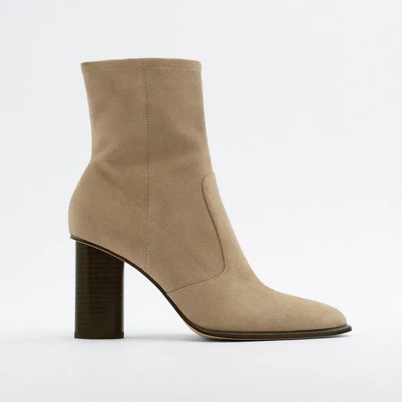 ZARA Beige Suede Leather Heeled Ankle Boots Booties Sz 41 US 9.5/ US 10