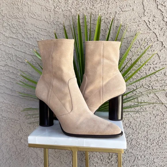 ZARA Beige Suede Leather Heeled Ankle Boots Booties Sz 41 US 9.5/ US 10