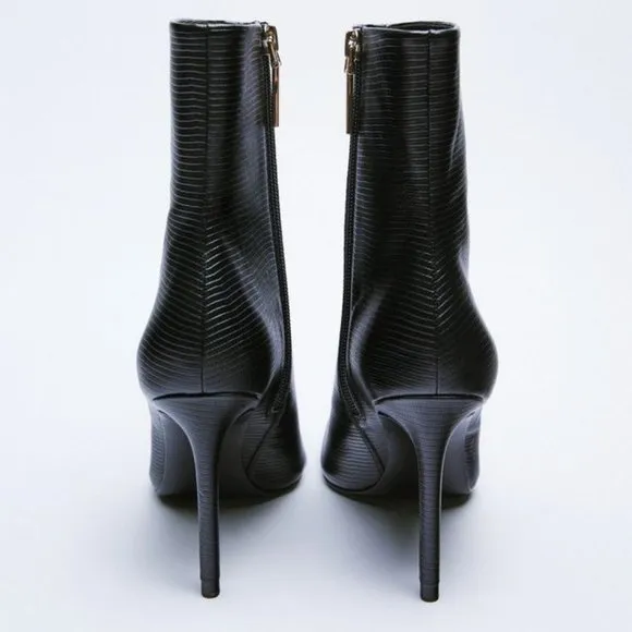 Zara Black Embossed Elastic Heeled Ankle Boots
