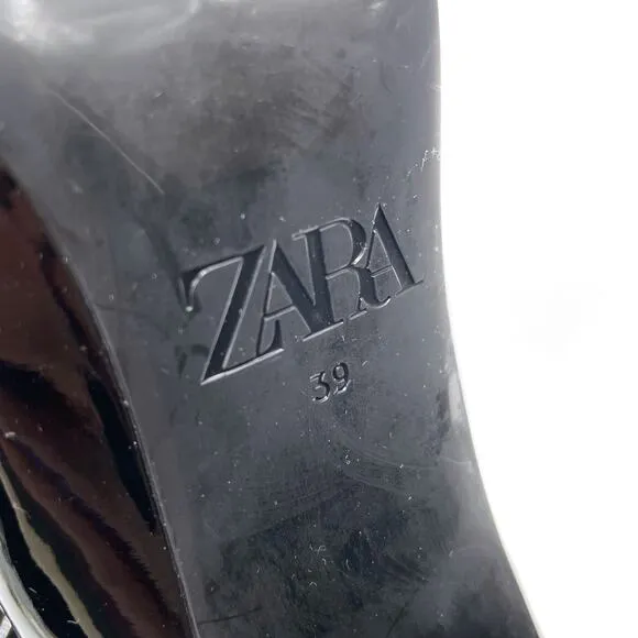 Zara Black Over the Kneee Boots Block Heel Faux Patent Leather Pointed Sz 39 / 8