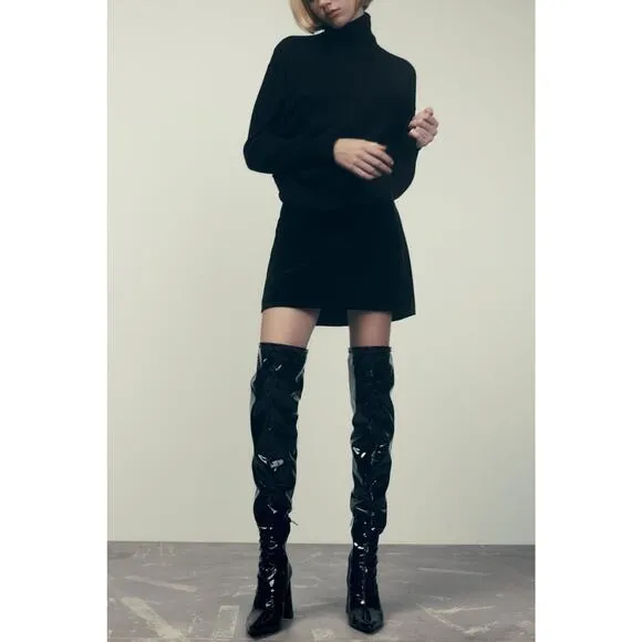 Zara Black Over the Kneee Boots Block Heel Faux Patent Leather Pointed Sz 39 / 8