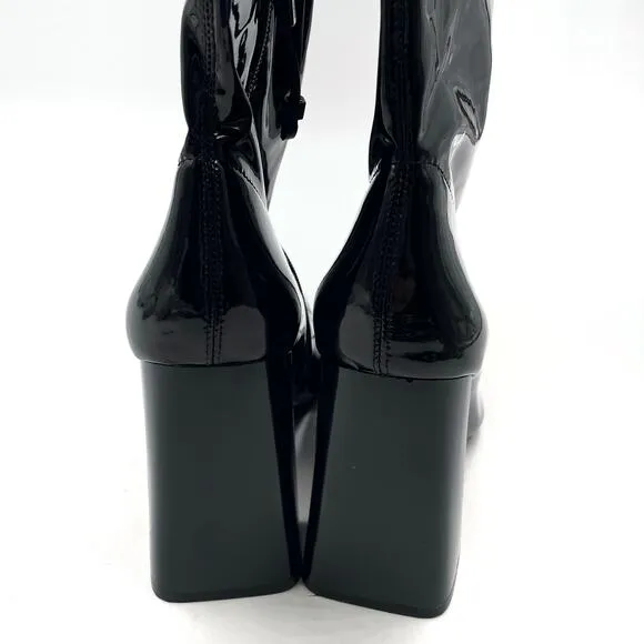 Zara Black Over the Kneee Boots Block Heel Faux Patent Leather Pointed Sz 39 / 8