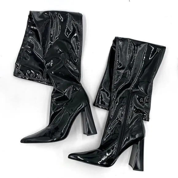 Zara Black Over the Kneee Boots Block Heel Faux Patent Leather Pointed Sz 39 / 8
